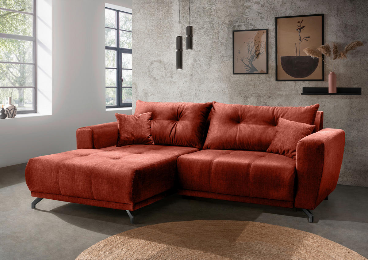 ECKSOFA in Velours Koralle  - Koralle/Schwarz, Modern, Textil/Metall (177/246cm) - MID.YOU