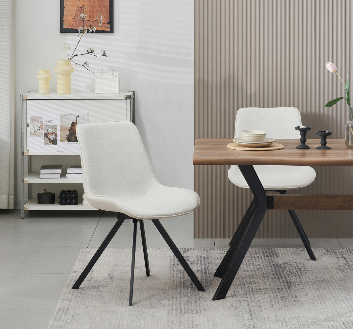 STUHL-SET 2 Stück  in Webstoff  - Creme/Schwarz, MODERN, Textil/Metall (52/85/61cm) - MID.YOU