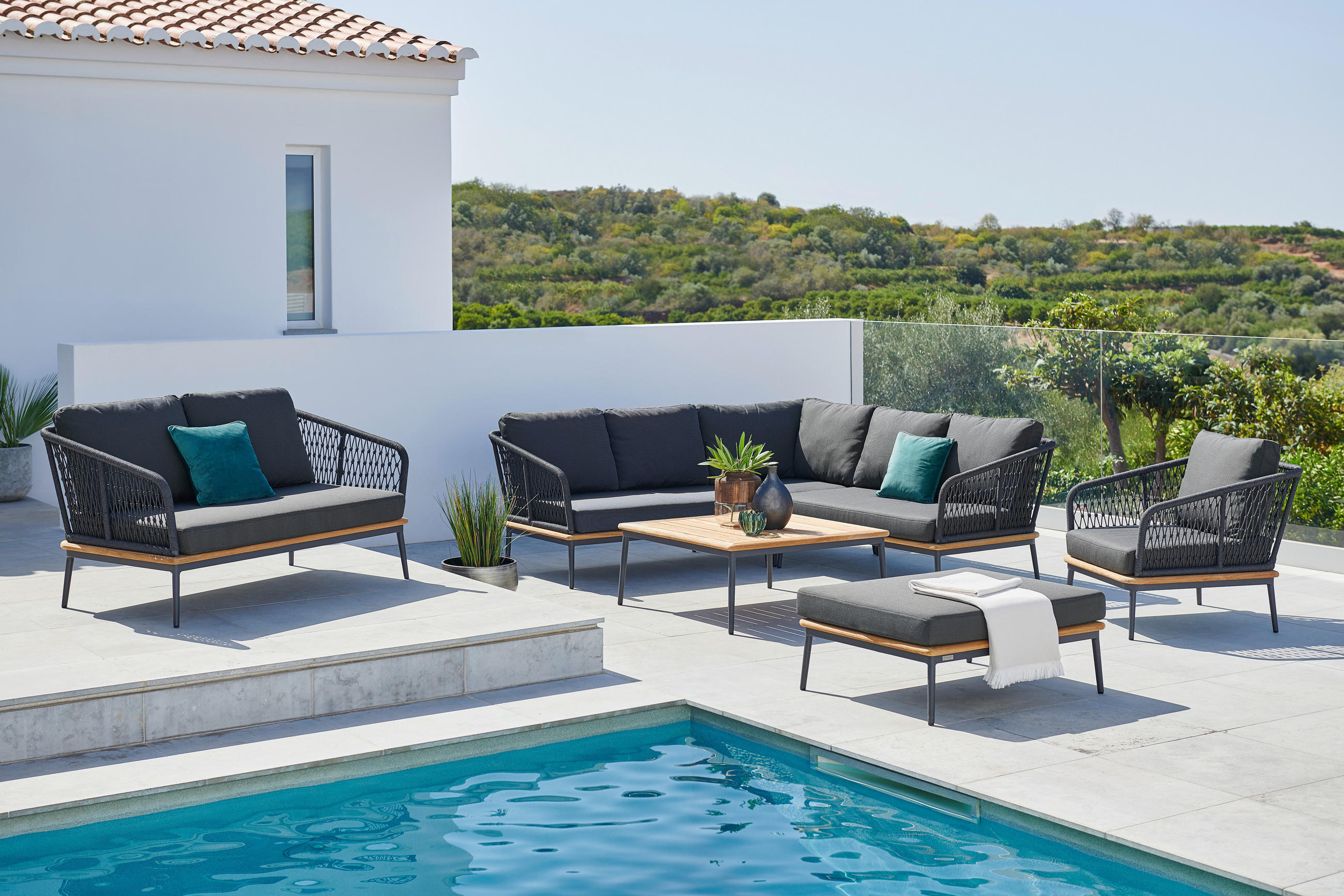 Thumbnail - Loungesofa, Anthrazit, Teak, Holz, Metall, Teakholz, massiv, 2-Sitzer, Füllung: Schaumstoff, Eckteil, einzeln stellbar, ...