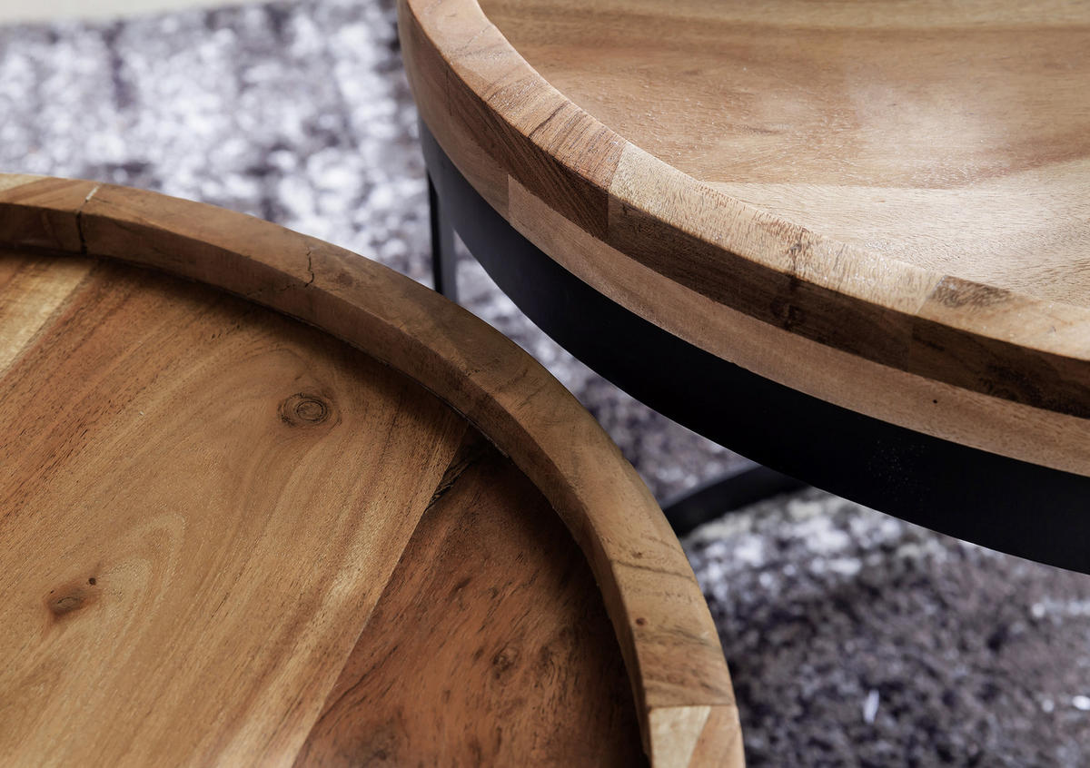 BEISTELLTISCHSET 53/53/45 cm Sheesham massiv Sheeshamfarben rund  - Sheeshamfarben/Schwarz, Design, Holz/Metall (53/53/45cm) - MID.YOU