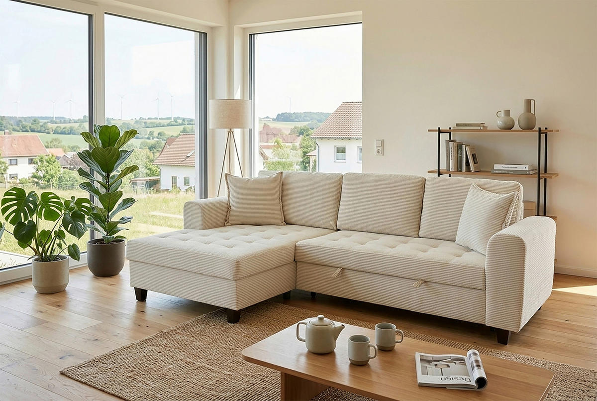 ECKSOFA MORITZ Creme Cord Zierkissen, Bettkasten  - Creme, Trend, Textil (155/265cm) - P & B