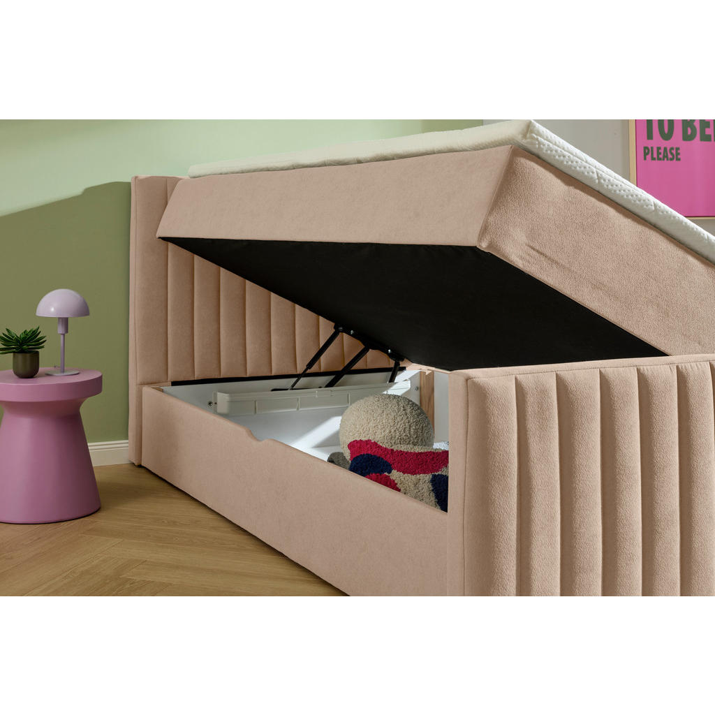 Thumbnail - Boxxx Boxbett, Beige, Textil, H3, Höhe ca. 25 cm, 120x200 cm, Bettkasten, gepolstertes Kopfteil, Topper durchgehend, in ...