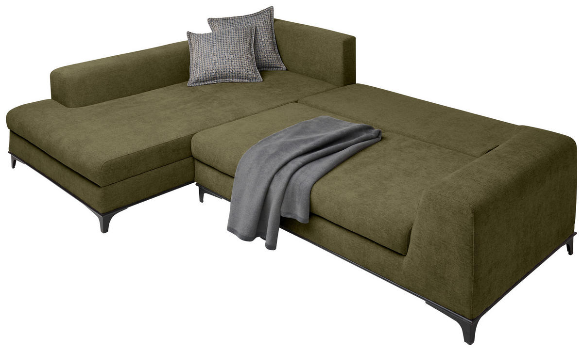 ECKSOFA inkl. Funktionen Olivgrün Webstoff Rückenkissen, Bettkasten, Schlaffunktion, Rücken echt  - Wengefarben/Schwarz, Design, Holz/Textil (211/314cm) - Stylife
