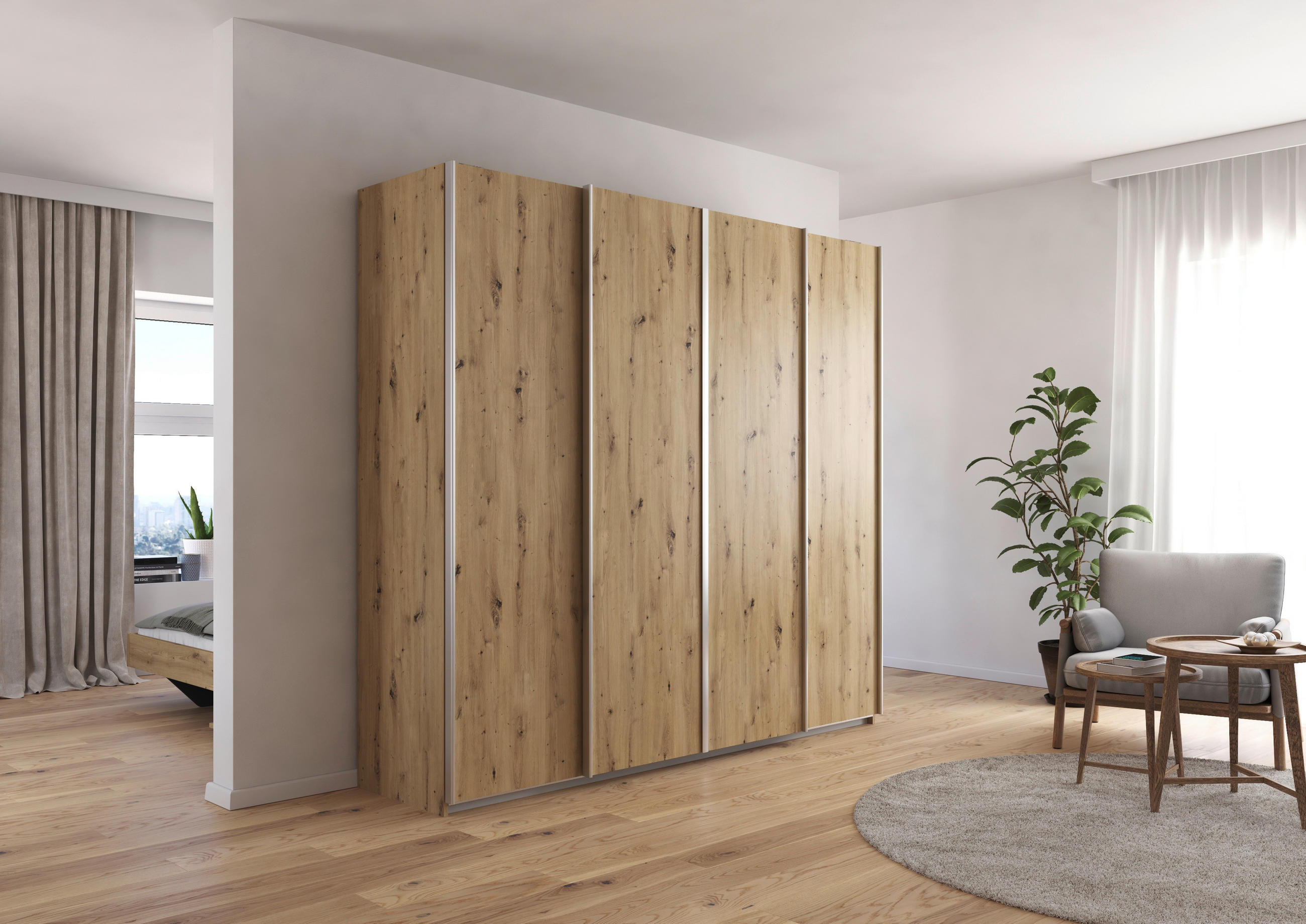 SCHWEBETÜRENSCHRANK in Eiche Artisan  - Alufarben/Eiche Artisan, Modern, Holzwerkstoff/Metall (226/211/62cm) - Rauch Möbel