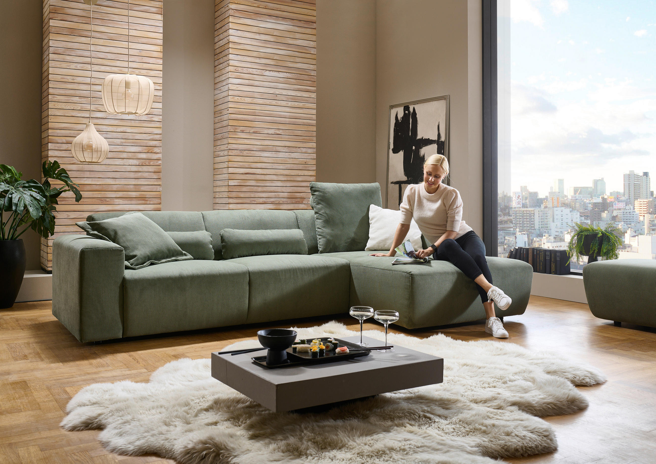 ECKSOFA in Feincord Waldgrün  - Waldgrün/Schwarz, Design, Kunststoff/Textil (301/177cm) - Beldomo Style
