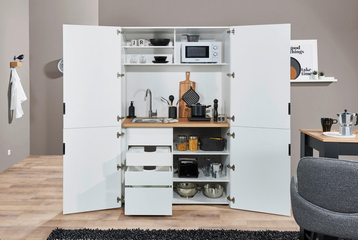 SCHRANKKÜCHE  124/200/70 cm  in Weiß  - Eichefarben/Schwarz, Basics, Holzwerkstoff/Metall (124/200/70cm) - MID.YOU