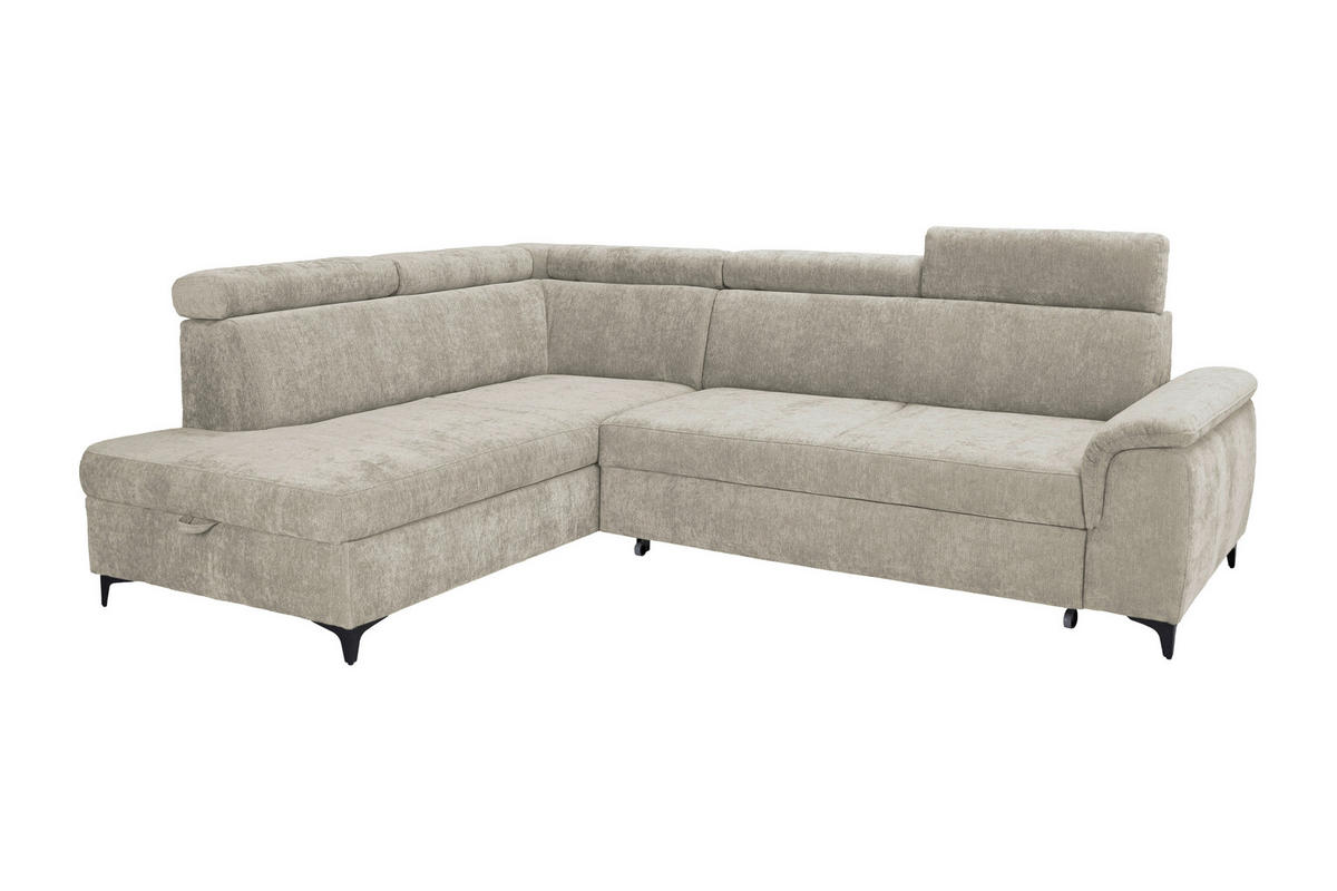 ECKSOFA Naturfarben Chenille Bettkasten, Schlaffunktion, Rücken echt, Kopfteilverstellung, Liegefläche im Originalstoff  - Schwarz/Naturfarben, KONVENTIONELL, Textil/Metall (206/265cm) - Carryhome