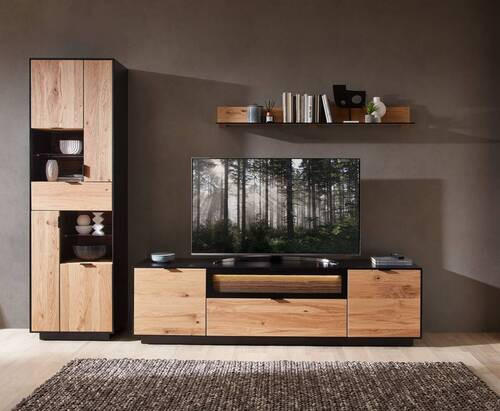 WOHNWAND  in Schwarz, Eichefarben  275/200/45 cm  - Eichefarben/Schwarz, Design, Glas/Holz (275/200/45cm) - Novel