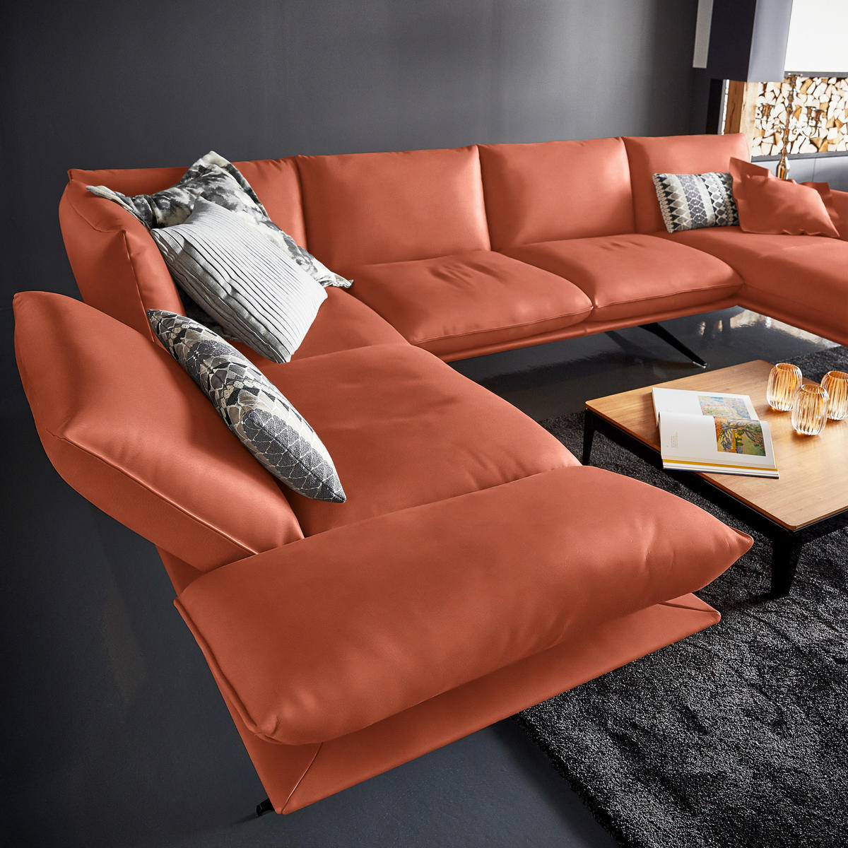 WOHNLANDSCHAFT  in Echtleder Orange  - Schwarz/Orange, Natur, Leder/Metall (217/359/155cm) - Dieter Knoll