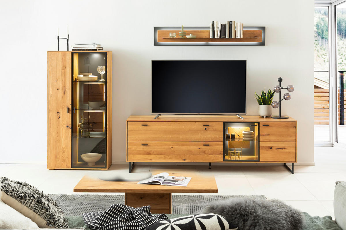 WOHNWAND  in Wildeiche 306/188/50 cm  - Wildeiche/Schwarz, Design, Glas/Holz (306/188/50cm) - MID.YOU