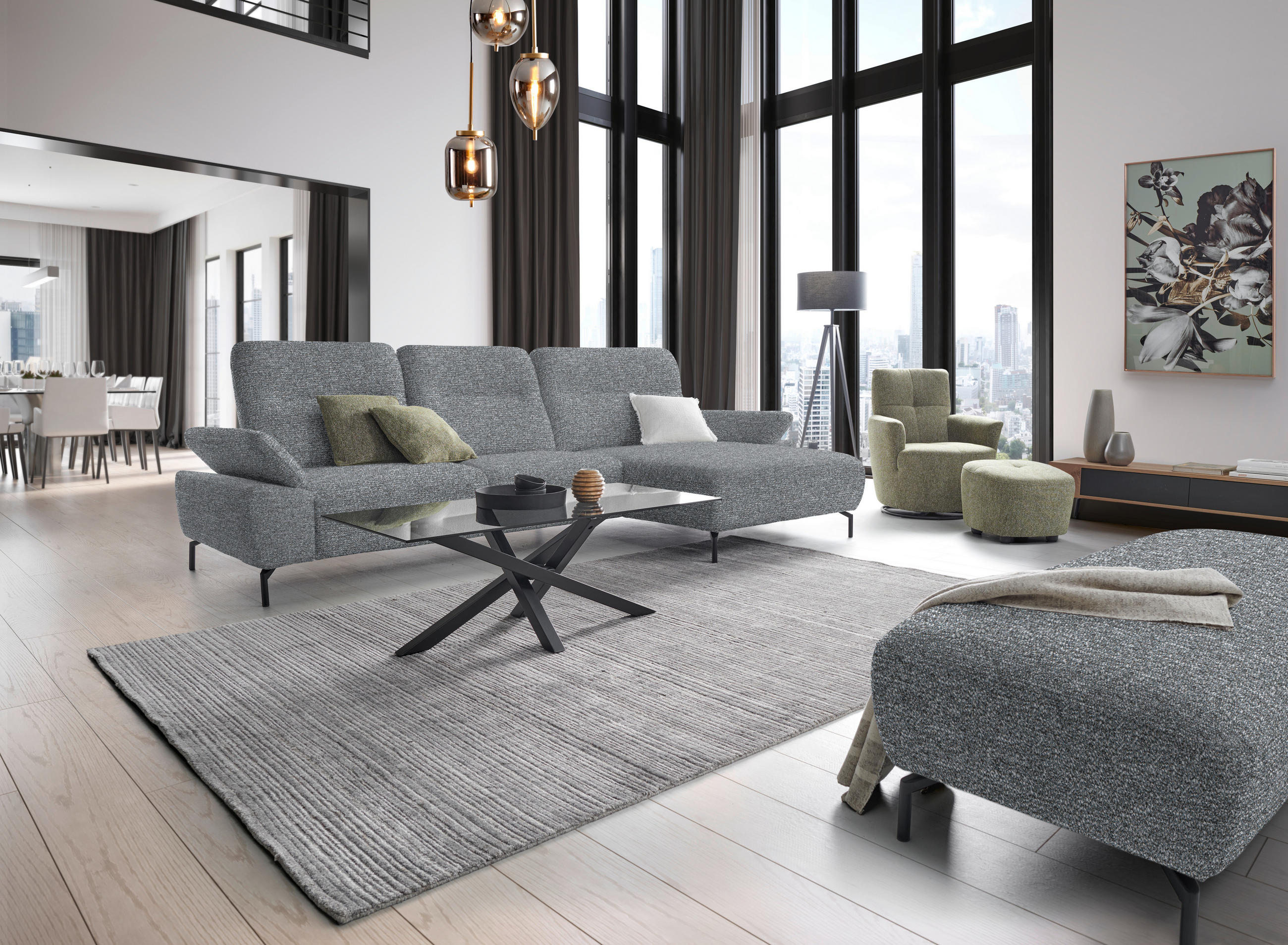 ECKSOFA in Flachgewebe, Chenille Blaugrau  - Blaugrau/Schwarz, Design, Textil/Metall (318/165cm) - Xora