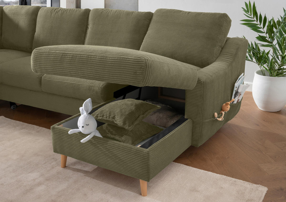 WOHNLANDSCHAFT Olivgrün Cord  - Naturfarben/Olivgrün, KONVENTIONELL, Holz/Textil (200/301/150cm) - P & B