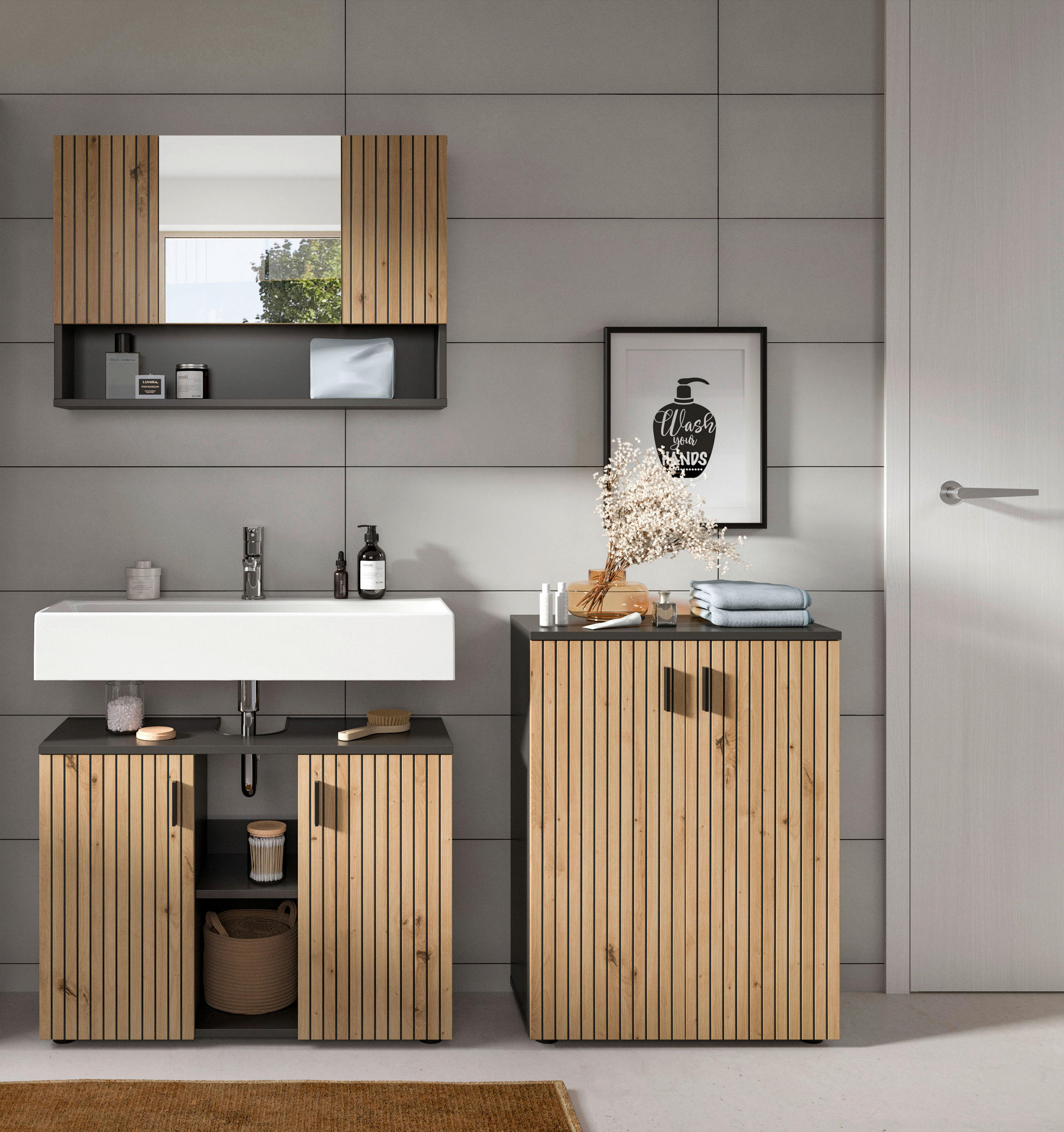 BADEZIMMER 3-teilig  - Schwarz/Eiche Artisan, Basics, Holzwerkstoff/Kunststoff (140/189/30cm) - MID.YOU