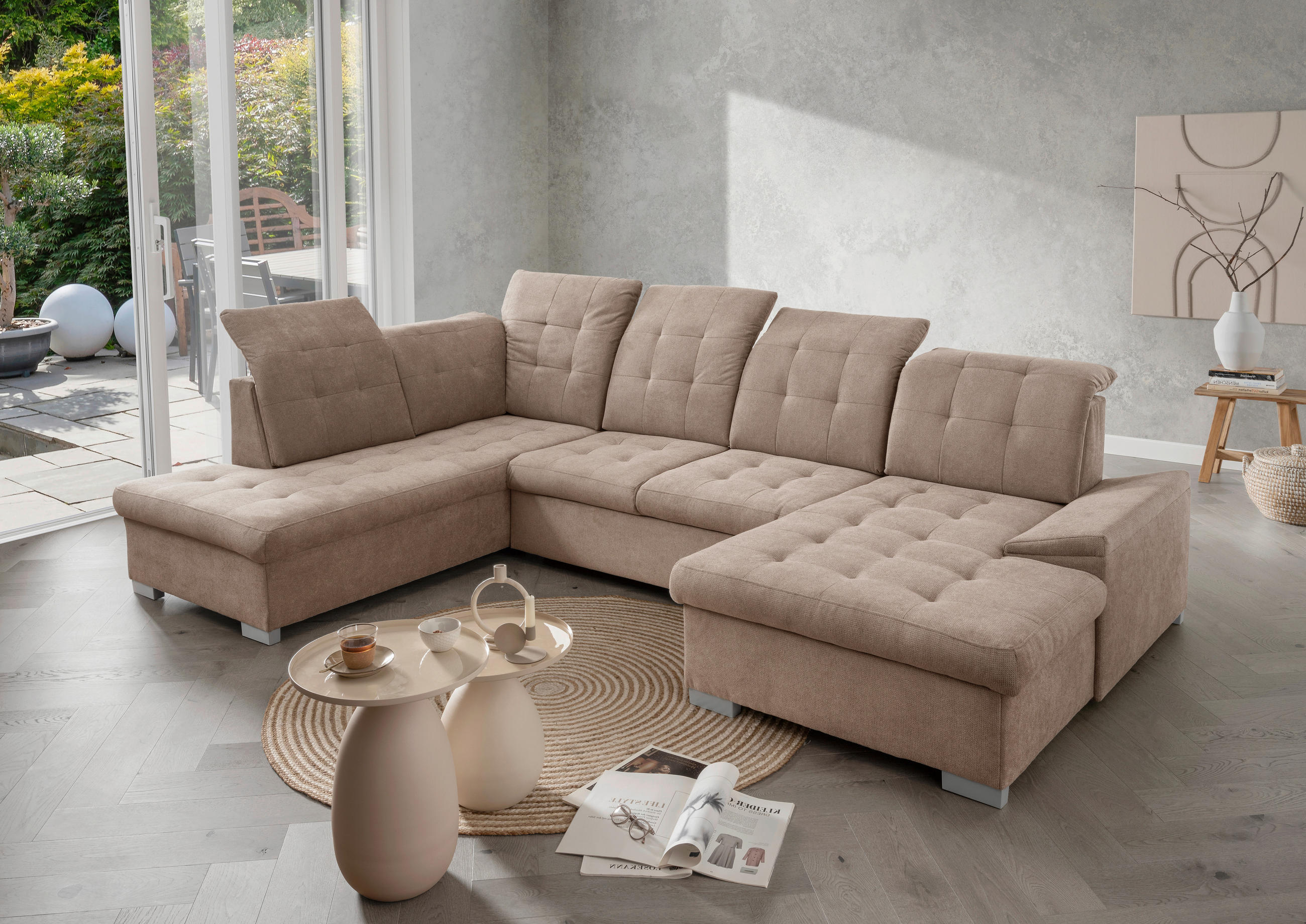 WOHNLANDSCHAFT in Chenille Hellbraun  - Chromfarben/Hellbraun, Modern, Kunststoff/Textil (212/330/169cm) - Livetastic