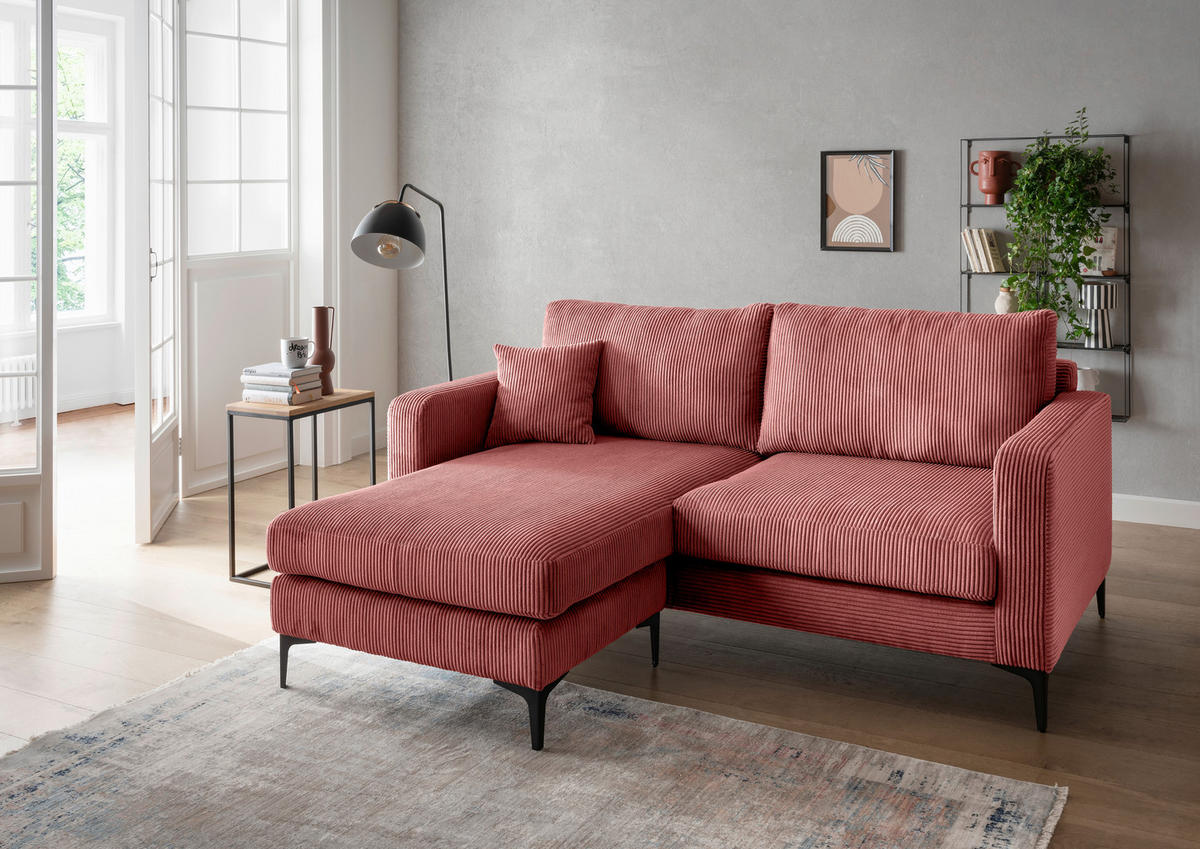 ECKSOFA in Cord Koralle  - Koralle/Schwarz, Basics, Textil/Metall (204/153cm) - Livetastic