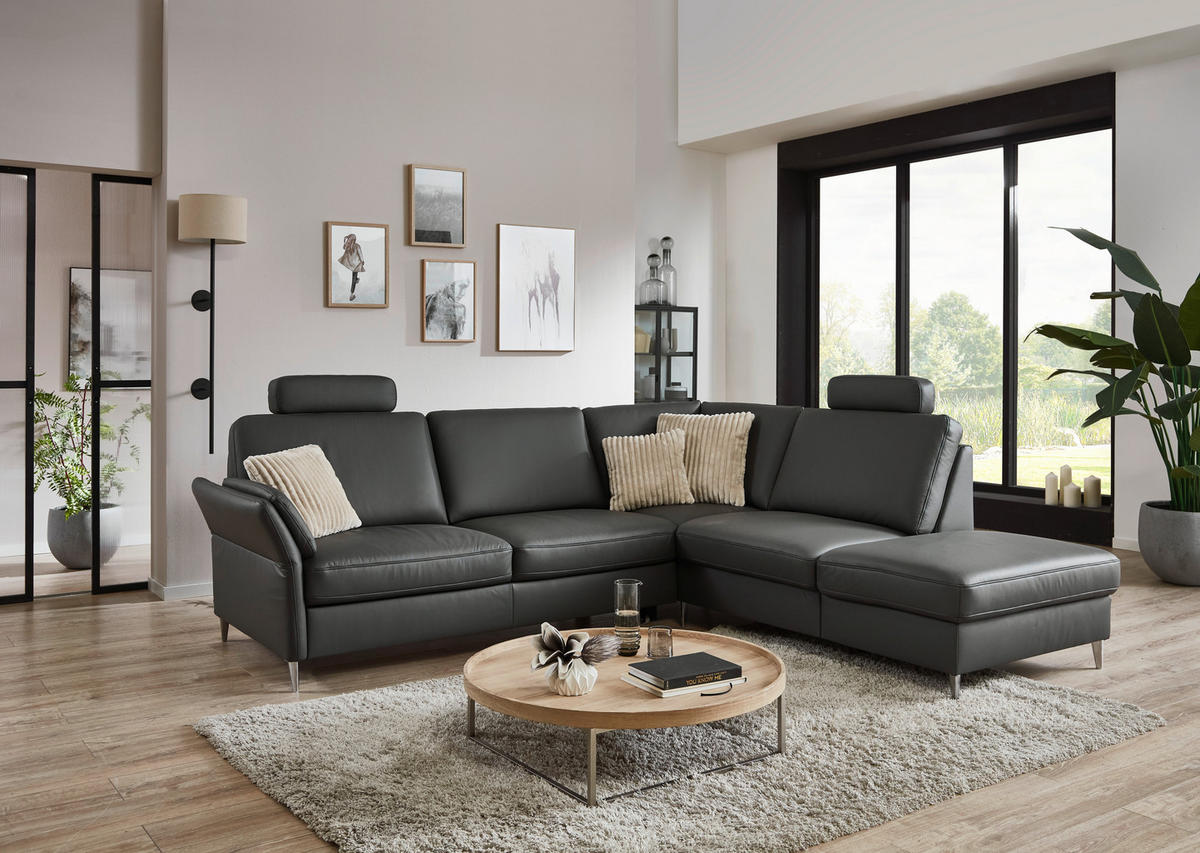 ECKSOFA Beldomo Premium in Echtleder Anthrazit  263/235 cm  - Anthrazit/Alufarben, KONVENTIONELL, Leder/Metall (263/235cm) - Beldomo Premium