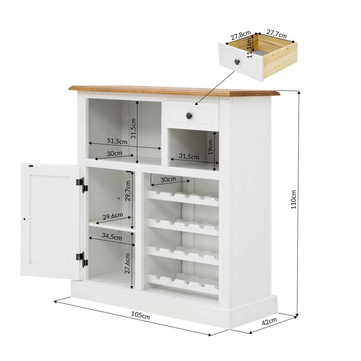BAR Kiefer massiv Weiß, Eichefarben  - Eichefarben/Silberfarben, MODERN, Holz/Holzwerkstoff (105/110/42cm) - MID.YOU