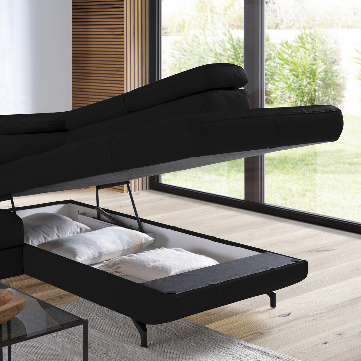 ECKSOFA in Echtleder Schwarz  - Schwarz, Design, Leder/Metall (270/220cm) - Novel