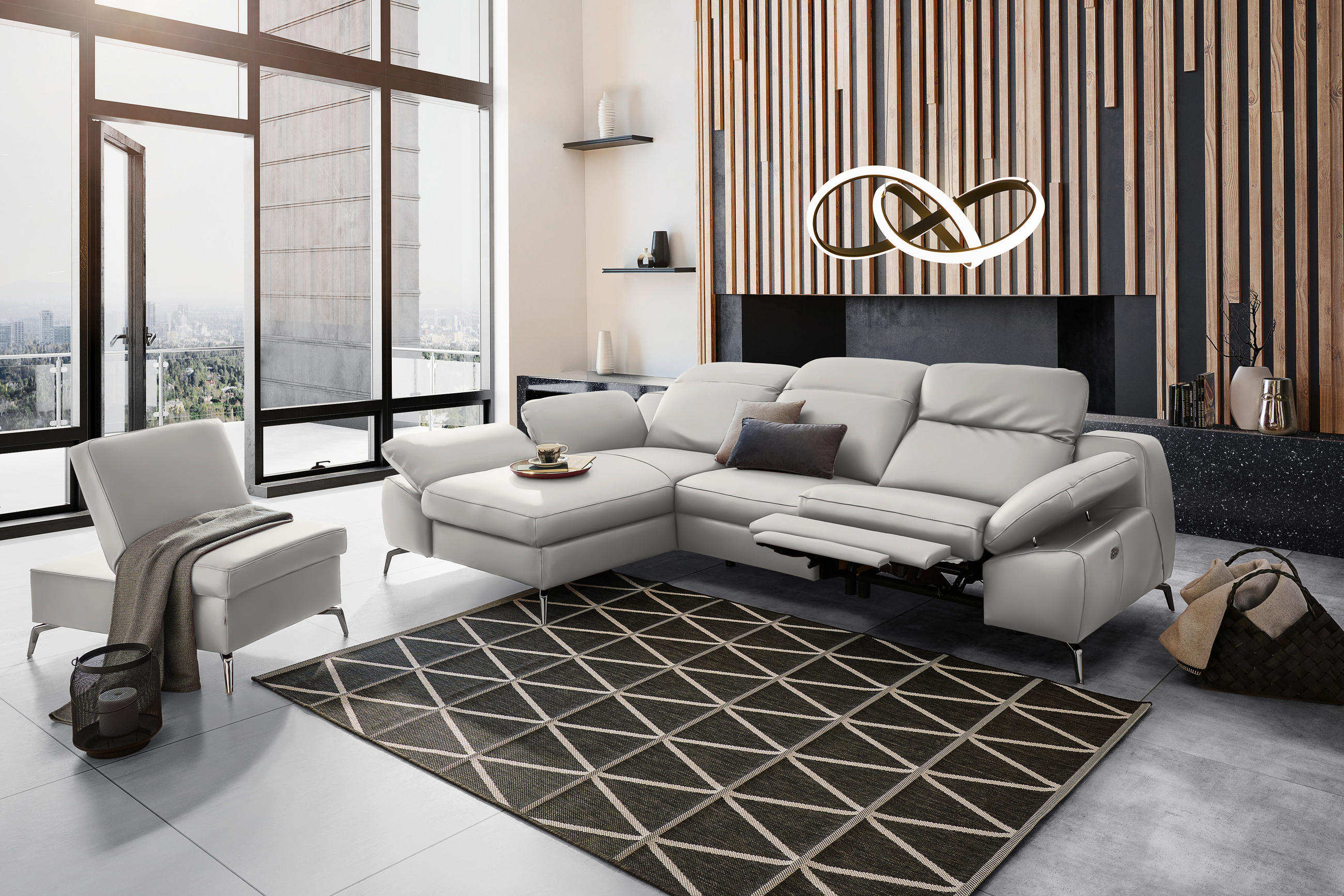 ECKSOFA in Echtleder Greige  183/286 cm  - Greige/Schwarz, Design, Leder/Metall (183/286cm) - Celina Home