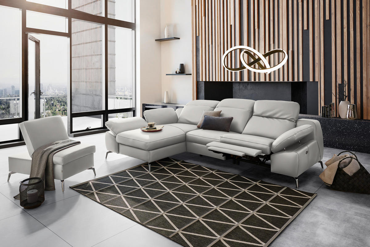 ECKSOFA in Echtleder Greige  183/286 cm  - Greige/Schwarz, Design, Leder/Metall (183/286cm) - Celina Home