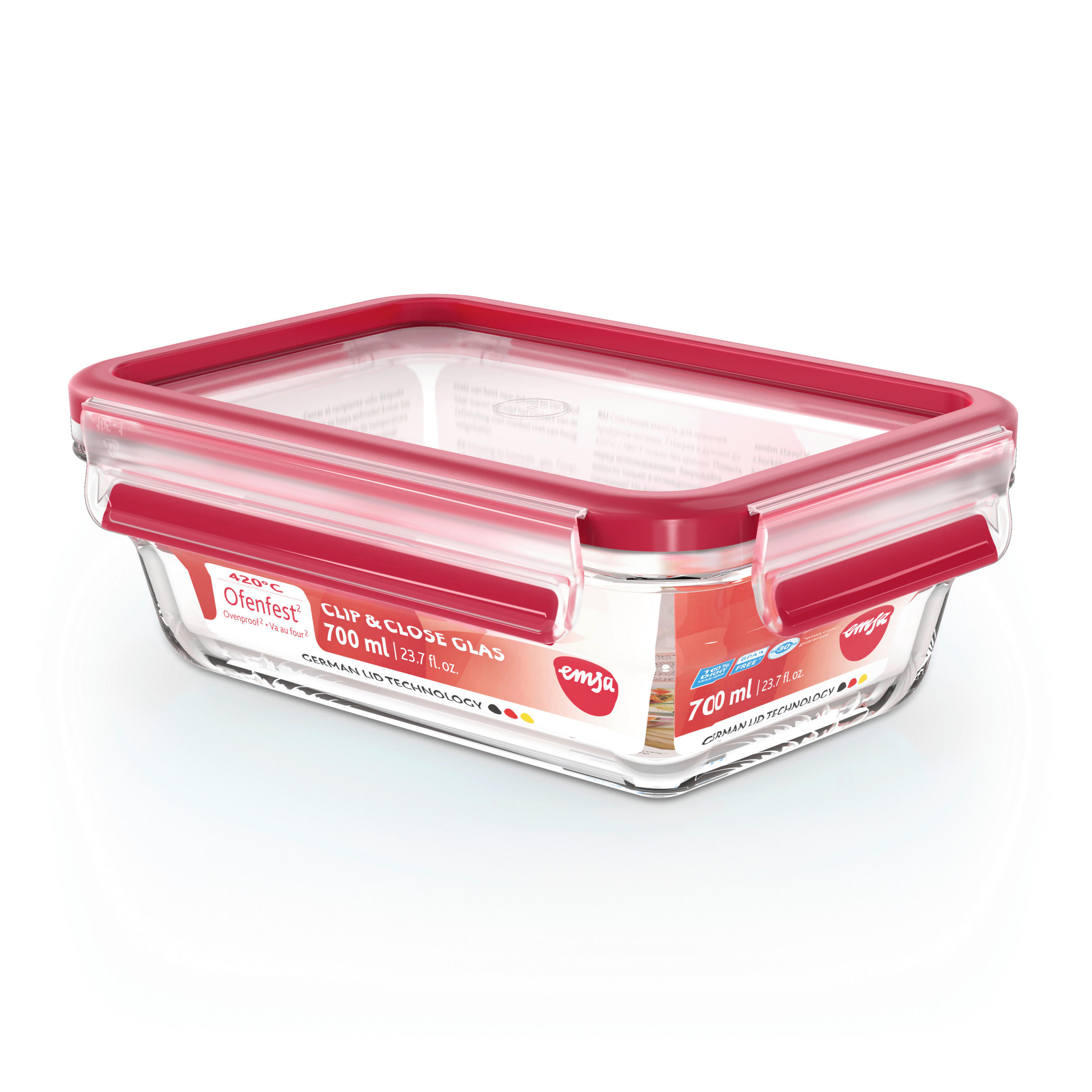 FRISCHHALTEDOSE CLIP & CLOSE GLAS 0,7 L  - Rot, Basics, Glas/Kunststoff (16,8/11,8/7cm) - Emsa
