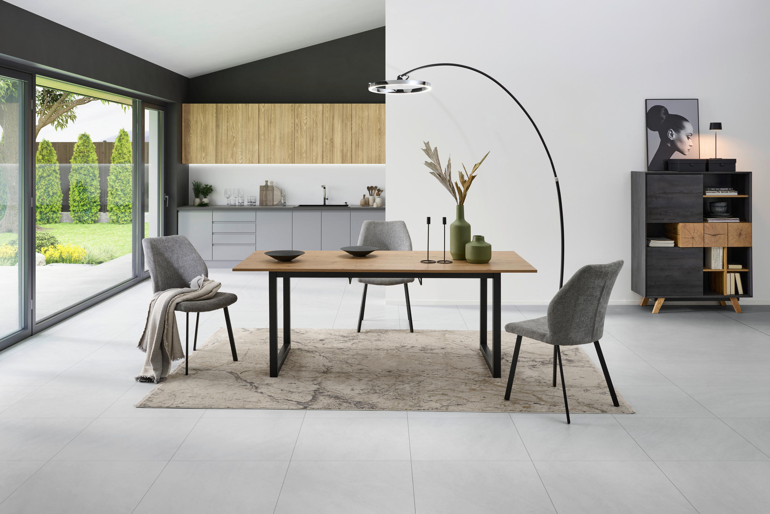 ESSTISCH Schwarz, Eiche Artisan rechteckig  ausziehbar  - Schwarz/Eiche Artisan, KONVENTIONELL, Holzwerkstoff/Metall (160-200/76/90cm) - MID.YOU