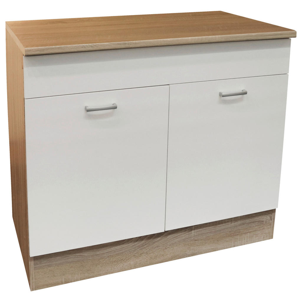 Spülenschrank Andy B: 100 cm Weiß/Eiche + Arbeitsplatte