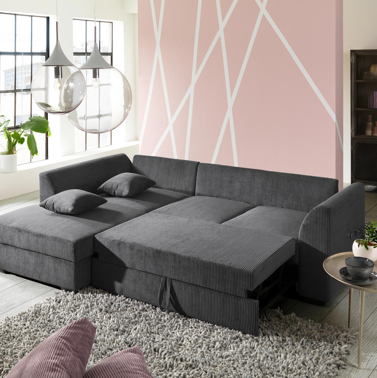 ECKSOFA inkl.Funktionen Anthrazit Cord  - Anthrazit/Schwarz, Design, Kunststoff/Textil (174/259cm) - Cantus