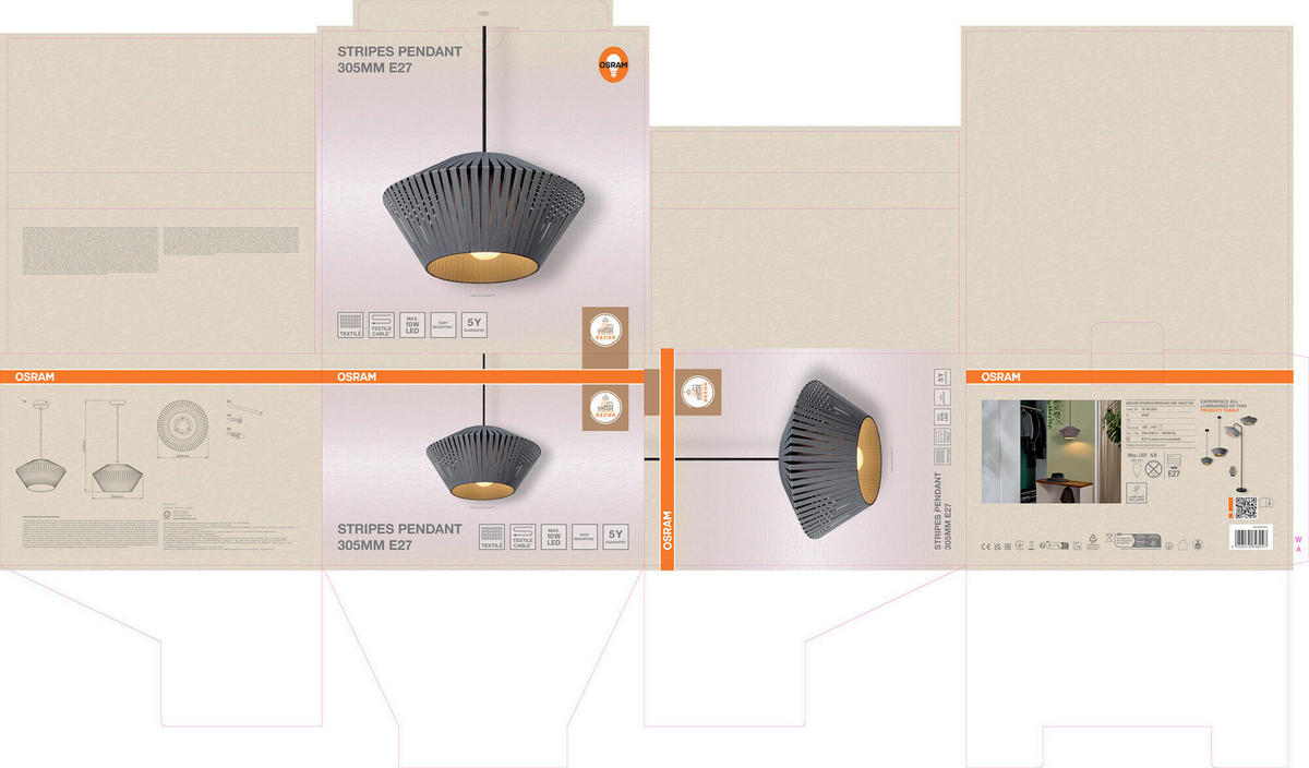 HÄNGELEUCHTE 30,5/120 cm  - Dunkelgrau, Basics, Textil/Metall (30,5/120cm) - Osram