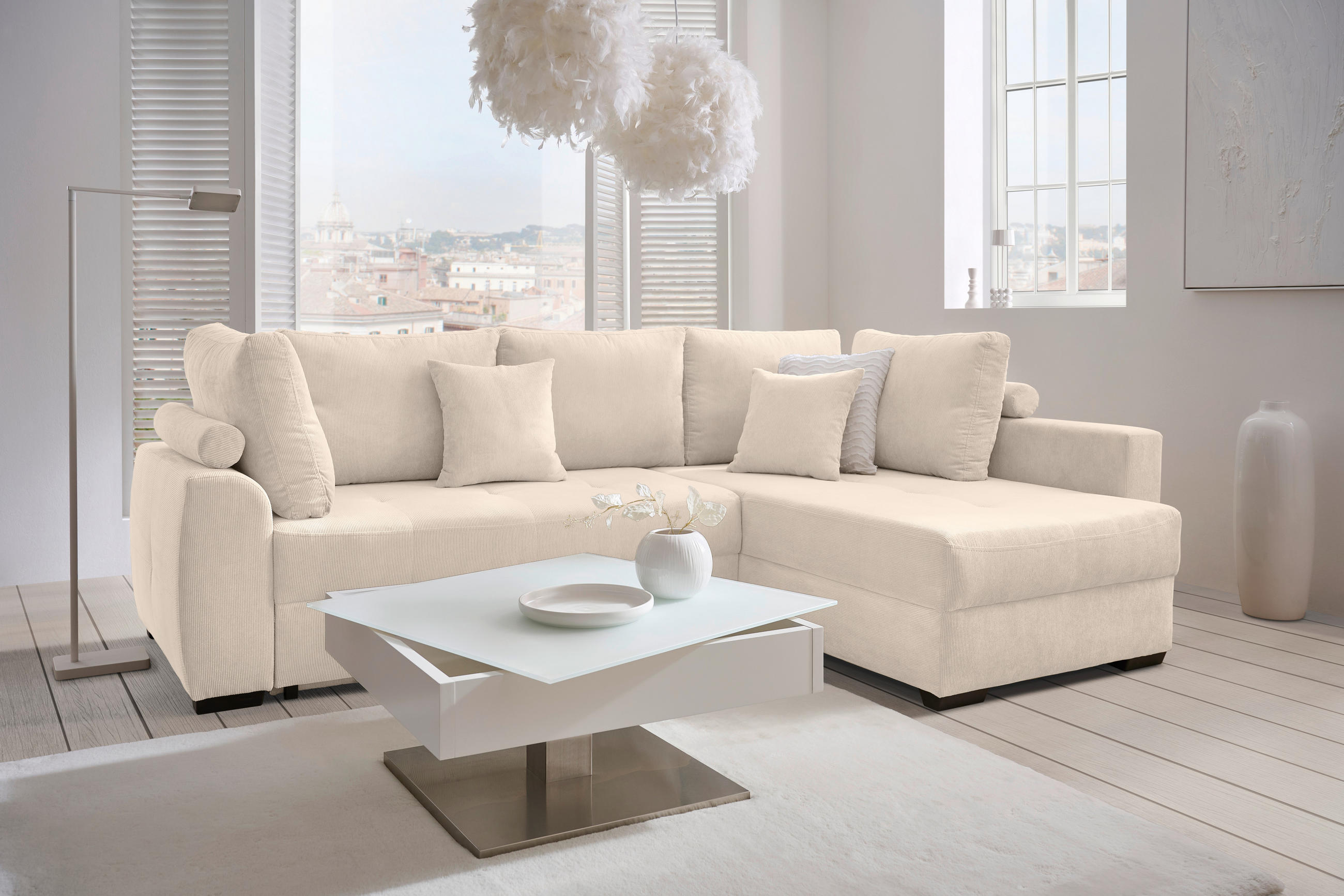 ECKSOFA inkl. Funktionen Creme Cord  - Creme/Schwarz, Design, Kunststoff/Textil (265/182cm) - Stylife