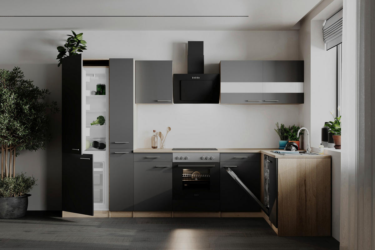 ECKKÜCHE  in Grau  - Edelstahlfarben/Eichefarben, Basics, Holzwerkstoff/Metall (310cm) - Respekta