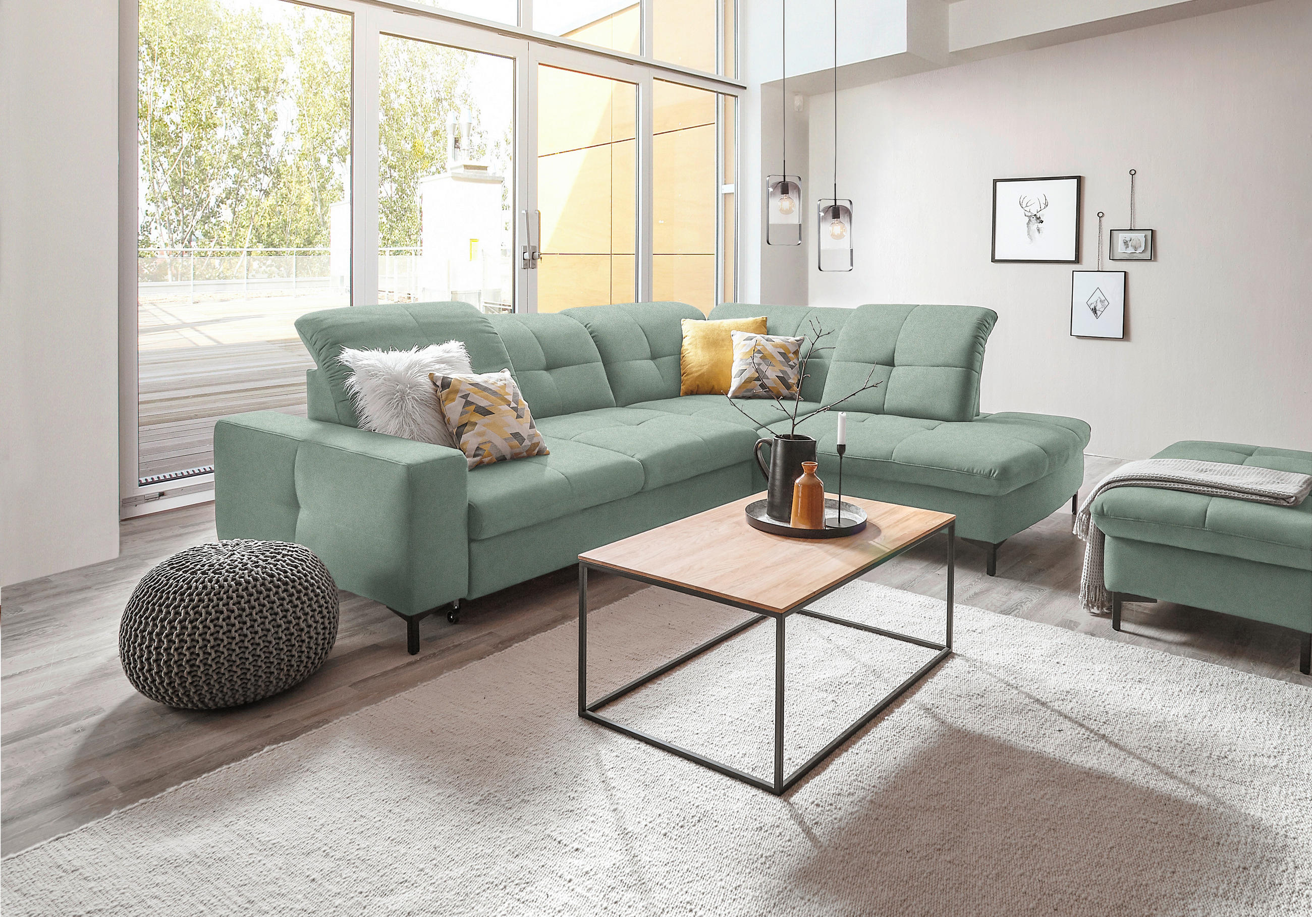ECKSOFA in Chenille Mintgrün  - Schwarz/Mintgrün, Design, Textil/Metall (310/240cm) - Xora
