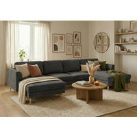 WOHNLANDSCHAFT Cord Dunkelgrau  - Dunkelgrau/Buchefarben, Modern, Holz/Textil (161/306/161cm) - Trendmanufaktur