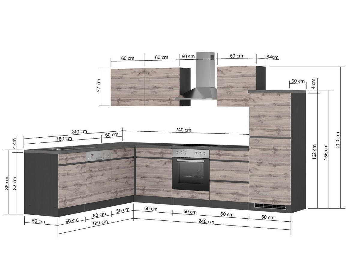 Eckküche Turin mit Geräten 240/300 cm  in Grau, Eiche Wotan  - Eiche Wotan/Grau, Design, Holzwerkstoff (240/300cm) - Held