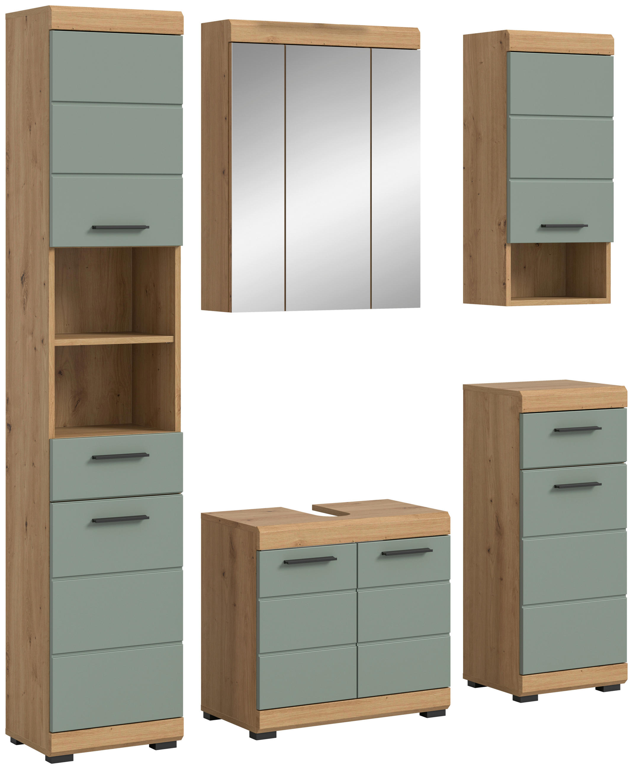 BADEZIMMER 5-teilig  in 134 cm  - Salbeigrün/Eichefarben, MODERN, Glas/Holzwerkstoff (134cm) - MID.YOU