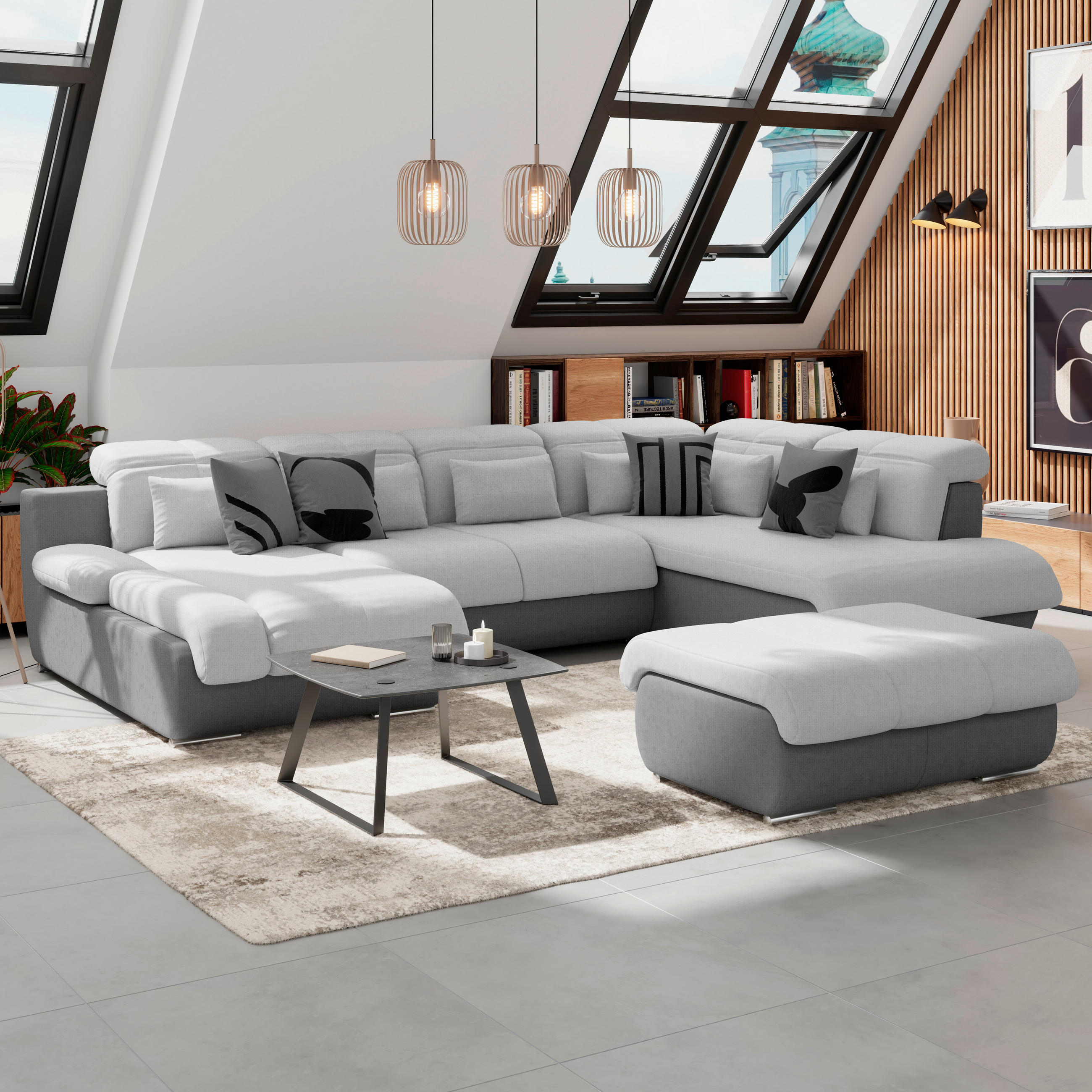 WOHNLANDSCHAFT in Mikrofaser Hellgrau, Dunkelgrau, Grau  - Chromfarben/Dunkelgrau, Modern, Textil/Metall (184/345/228cm) - MID.YOU