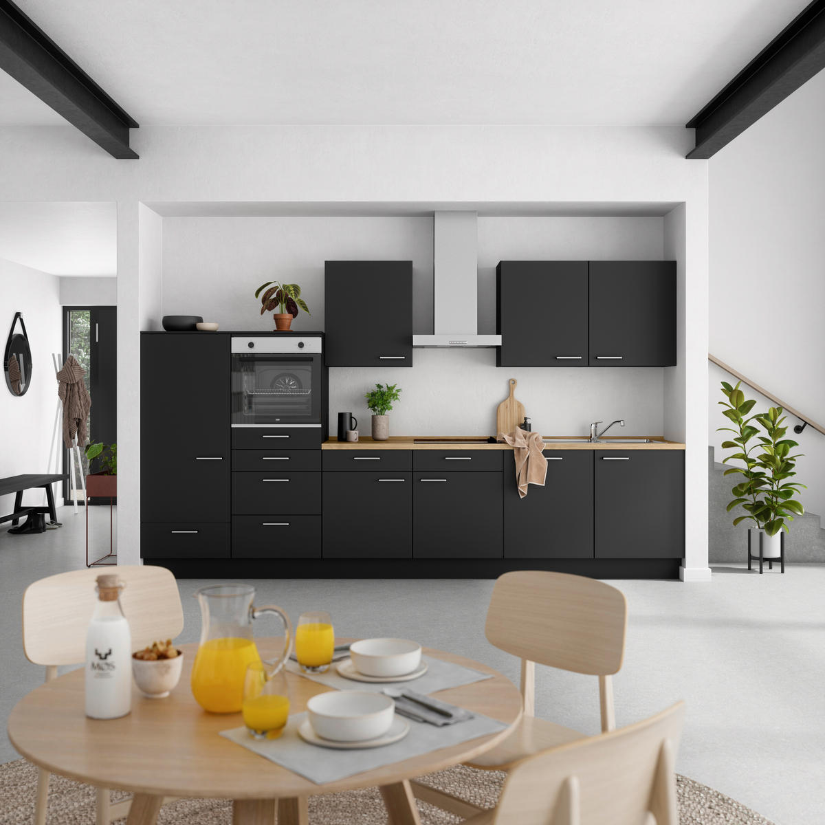 KÜCHENLEERBLOCK 360 cm   in Schwarz, Eichefarben  - Edelstahlfarben/Eichefarben, MODERN, Holzwerkstoff/Metall (360cm) - Nobilia