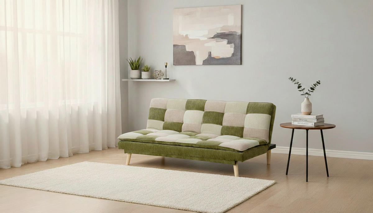 SCHLAFSOFA Chenille Grün, Hellgrün, Hellbraun  - Hellbraun/Naturfarben, Design, Holz/Textil (180/77/91cm) - MID.YOU