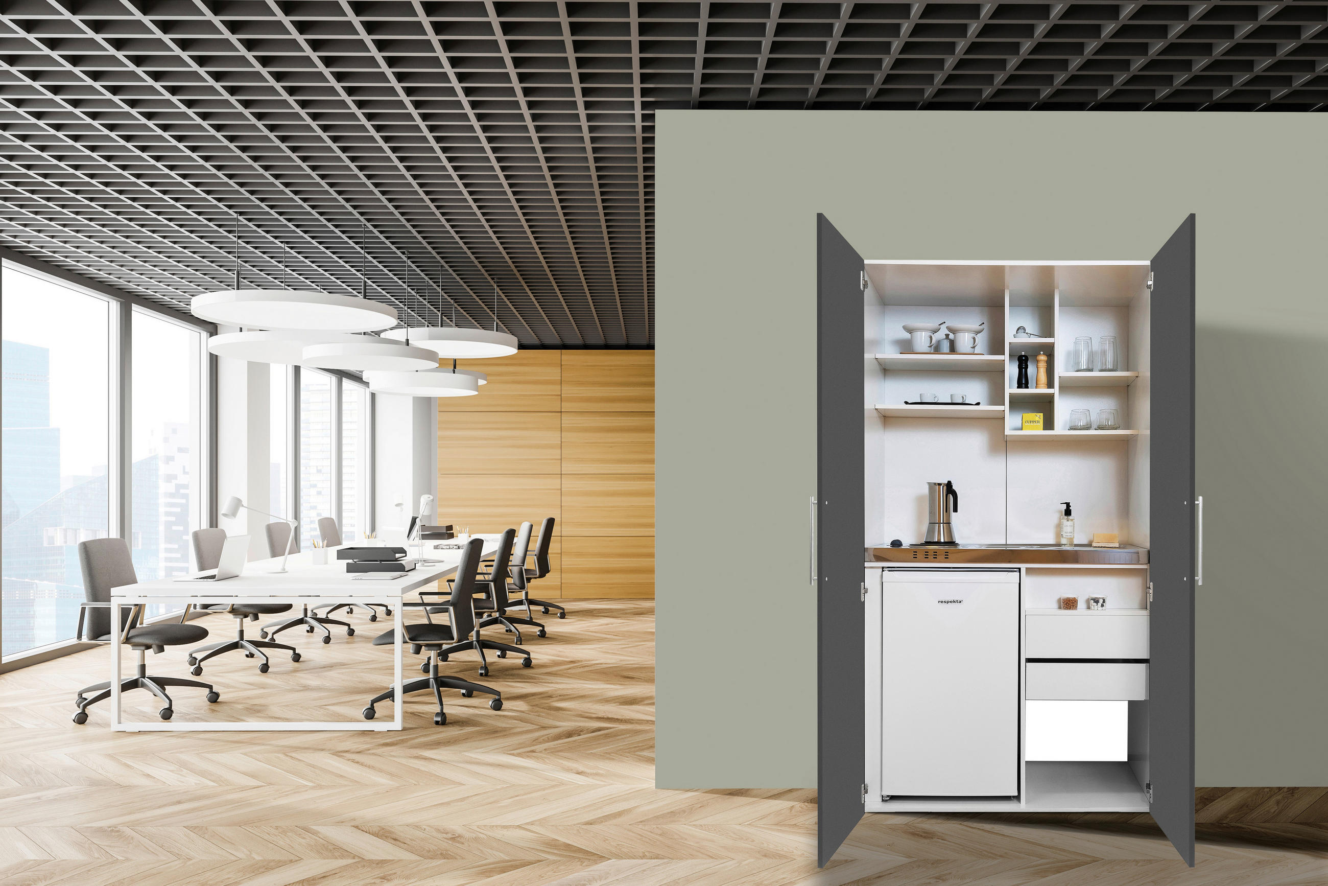 Schrankküche mit Kühlschrank + Kochfeld 104 cm Modern