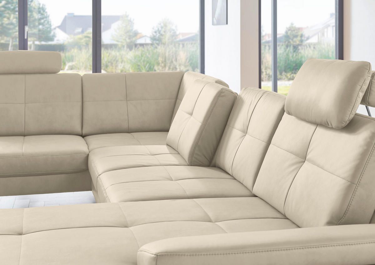 WOHNLANDSCHAFT in Lederlook, Mikrofaser Beige  - Beige/Schwarz, Design, Textil/Metall (220/345/179cm) - Beldomo System