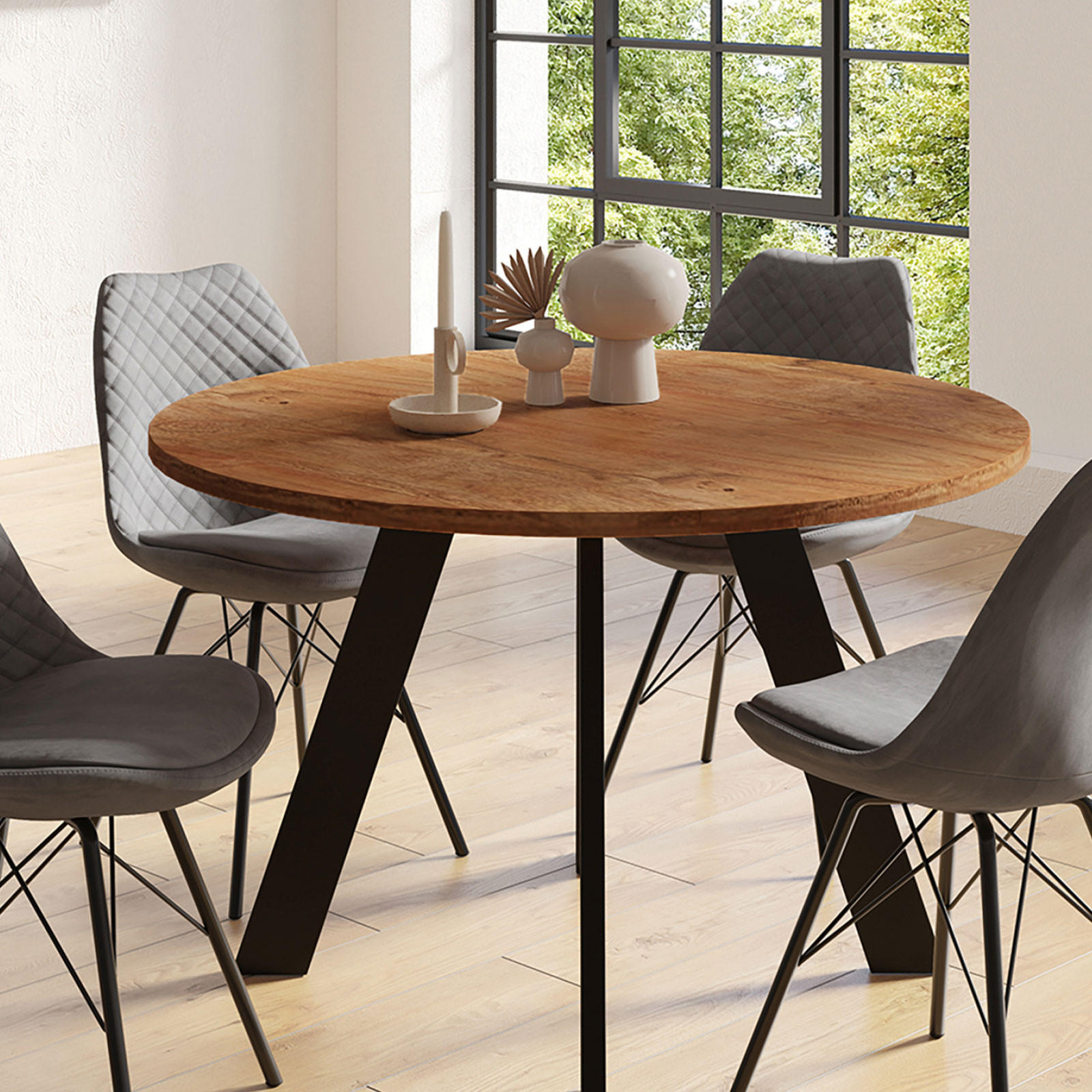 ESSTISCH in Holz, Metall 120/120/76 cm  - Schwarz/Akaziefarben, MODERN, Holz/Metall (120/120/76cm) - MID.YOU