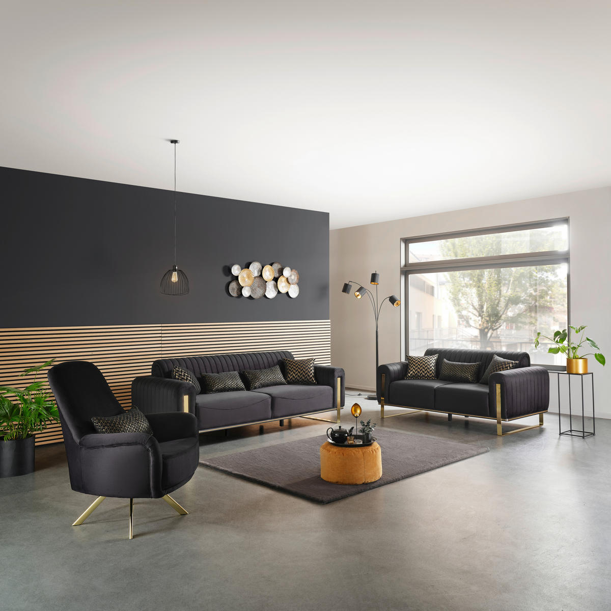 2-SITZER-SOFA Velours Schwarz  - Goldfarben/Schwarz, MODERN, Textil/Metall (180/83/90cm) - Livetastic