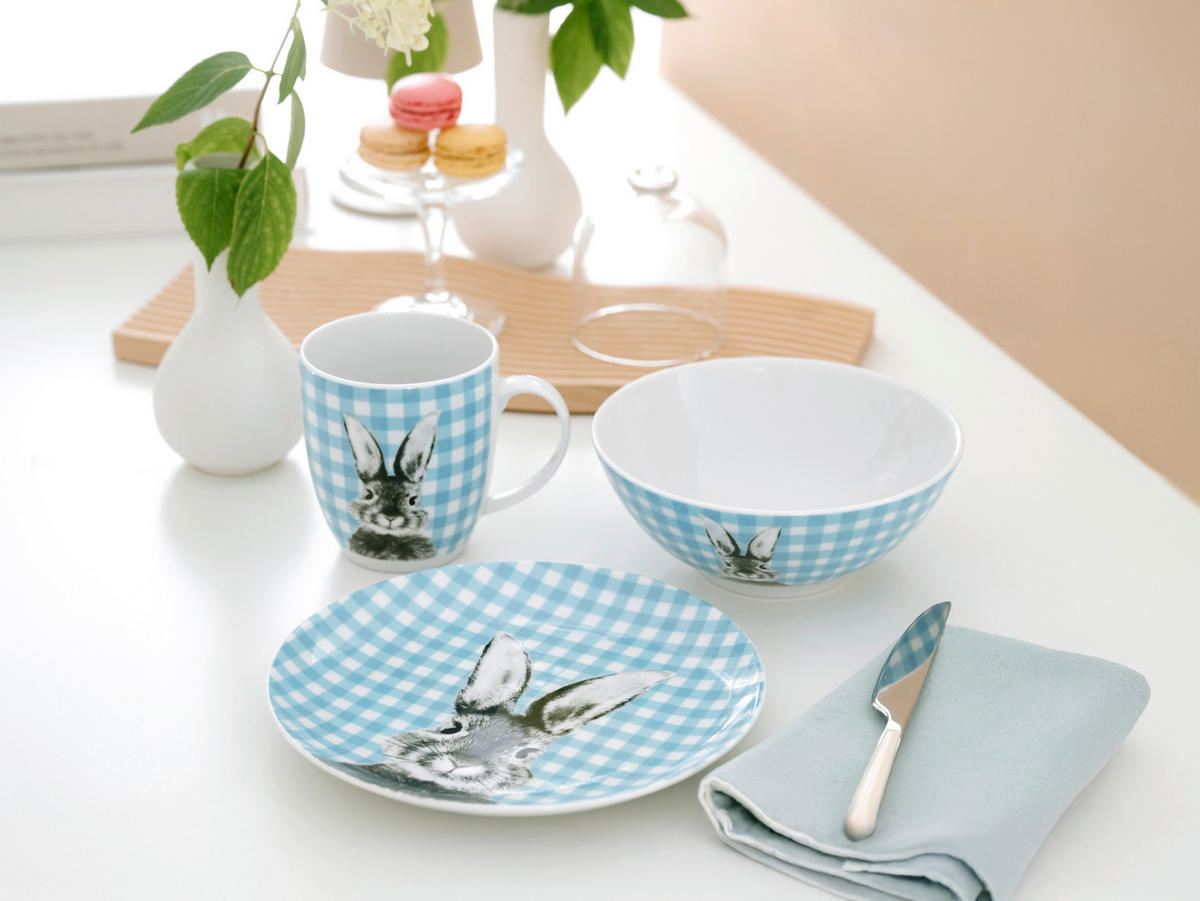 FRÜHSTÜCKSSERVICE Weiß, Hellblau Happy Bunny 3-teilig 1 Personen  - Weiß/Hellblau, Basics, Keramik - Creatable