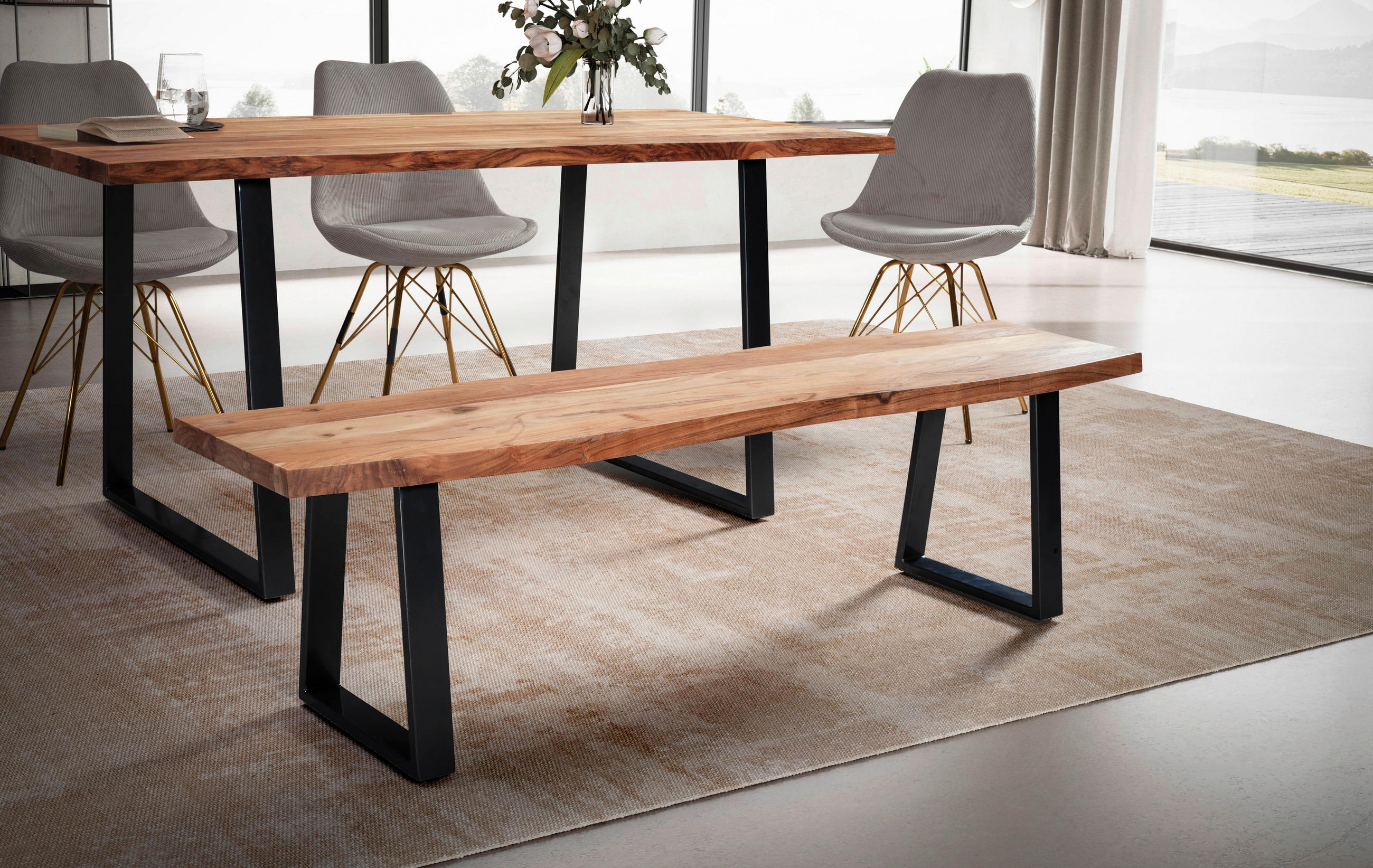 SITZBANK 140/45,5/40 cm Akaziefarben Akazie massiv Metall  - Schwarz/Akaziefarben, MODERN, Holz/Metall (140/45,5/40cm) - MID.YOU