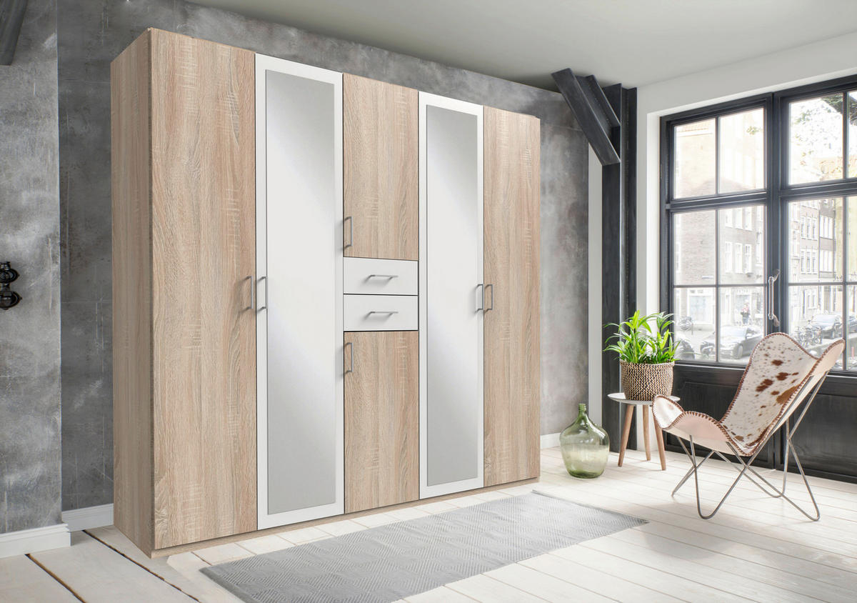 KLEIDERSCHRANK Weiss, Eichefarben  - Weiss/Eichefarben, Modern, Glas/Holz (225/208/58cm) - P & B