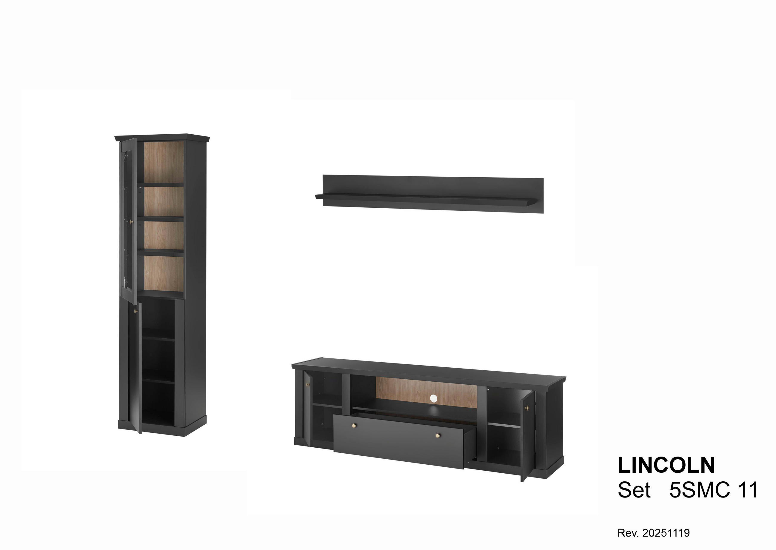 WOHNWAND 3-teilig  in Schwarz, Eichefarben  270/200/42 cm  - Eichefarben/Messingfarben, Design, Holzwerkstoff/Metall (270/200/42cm) - MID.YOU