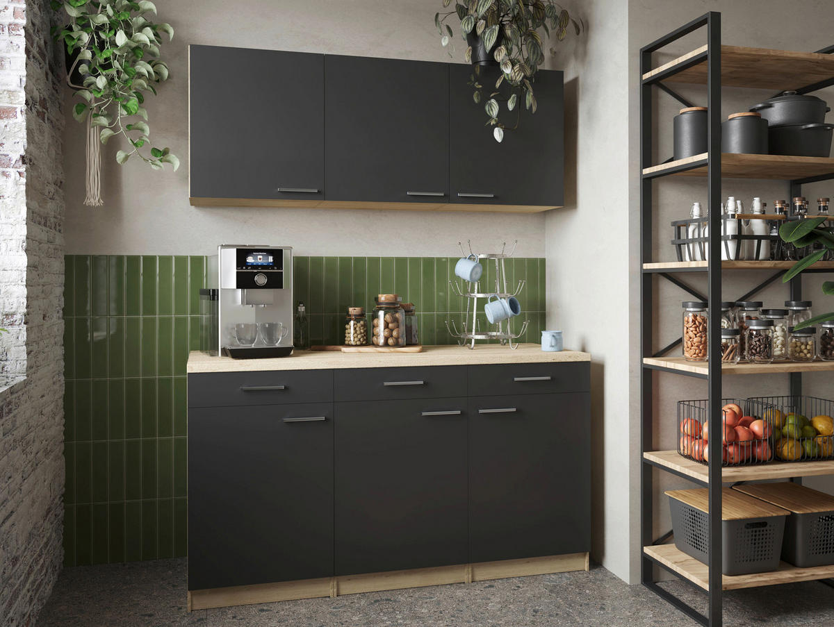 MINIKÖK 150 cm   i ekfärgad, svart  - silver/svart, Basics, metall/trämaterial (150cm) - Respekta