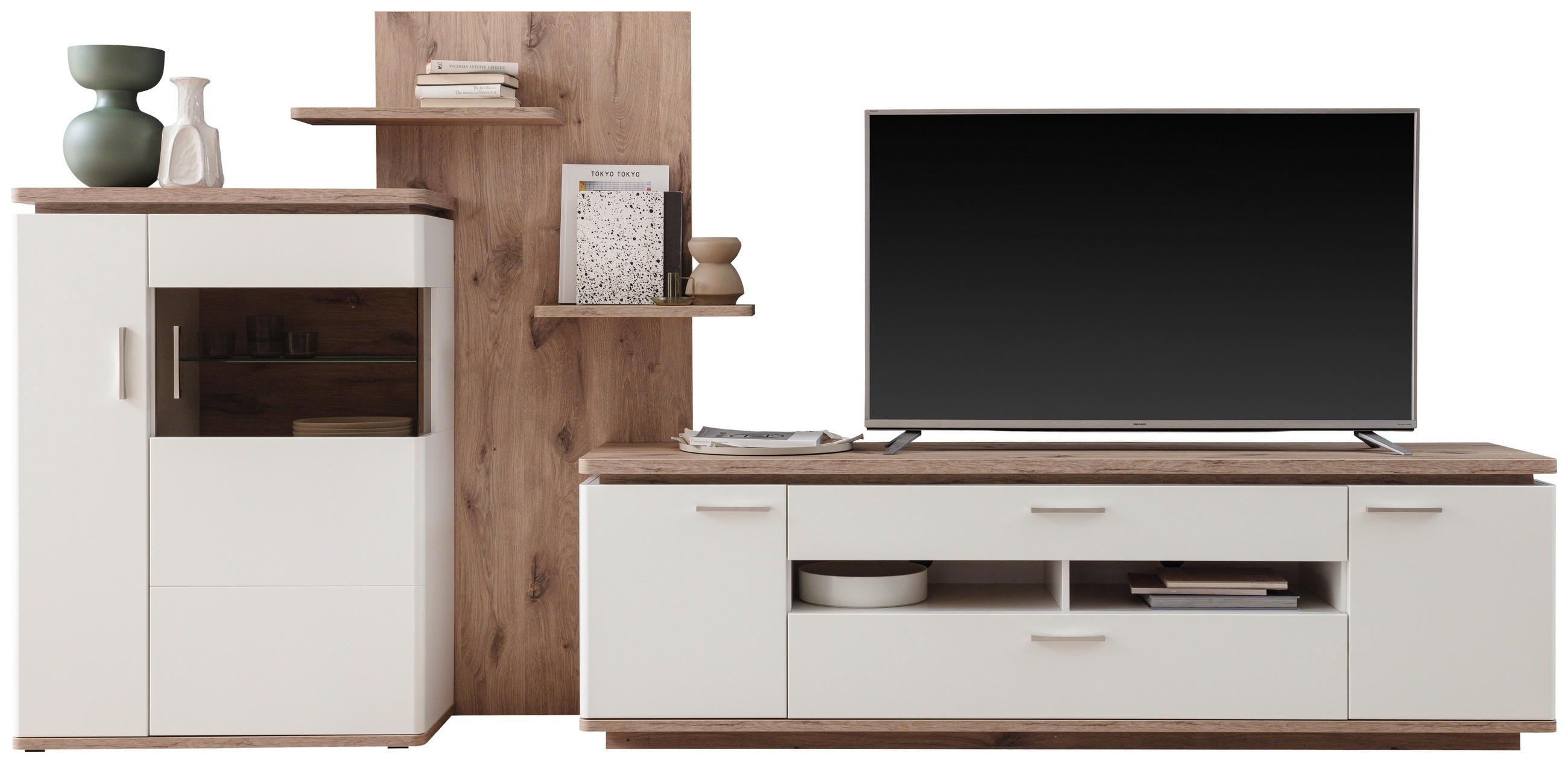 WOHNWAND 3-teilig  in Weiss, Eichefarben 305/168/50 cm  - Weiss/Eichefarben, Design, Glas/Holzwerkstoff (305/168/50cm) - Livetastic