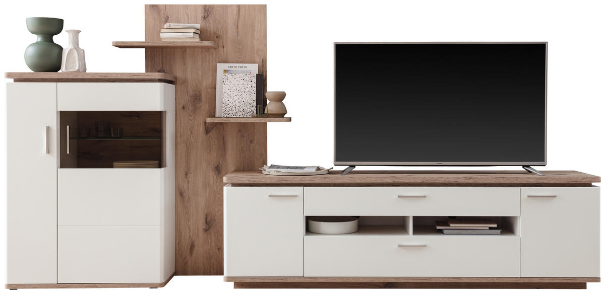 WOHNWAND 3-teilig  in Weiss, Eichefarben 305/168/50 cm  - Weiss/Eichefarben, Design, Glas/Holzwerkstoff (305/168/50cm) - Livetastic