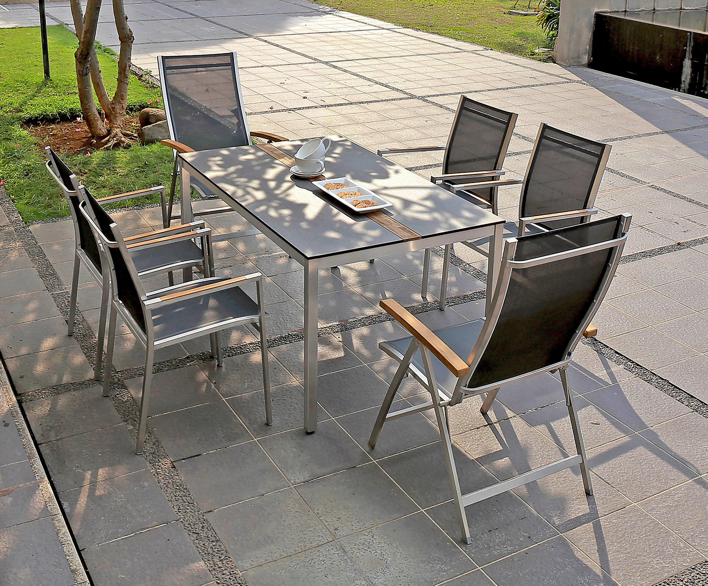 GARTENKLAPPSESSEL Teakholz Edelstahl Edelstahlfarben, Dunkelgrau, Teakfarben  - Edelstahlfarben/Dunkelgrau, Design, Holz/Textil (61/112/68cm) - Zebra 